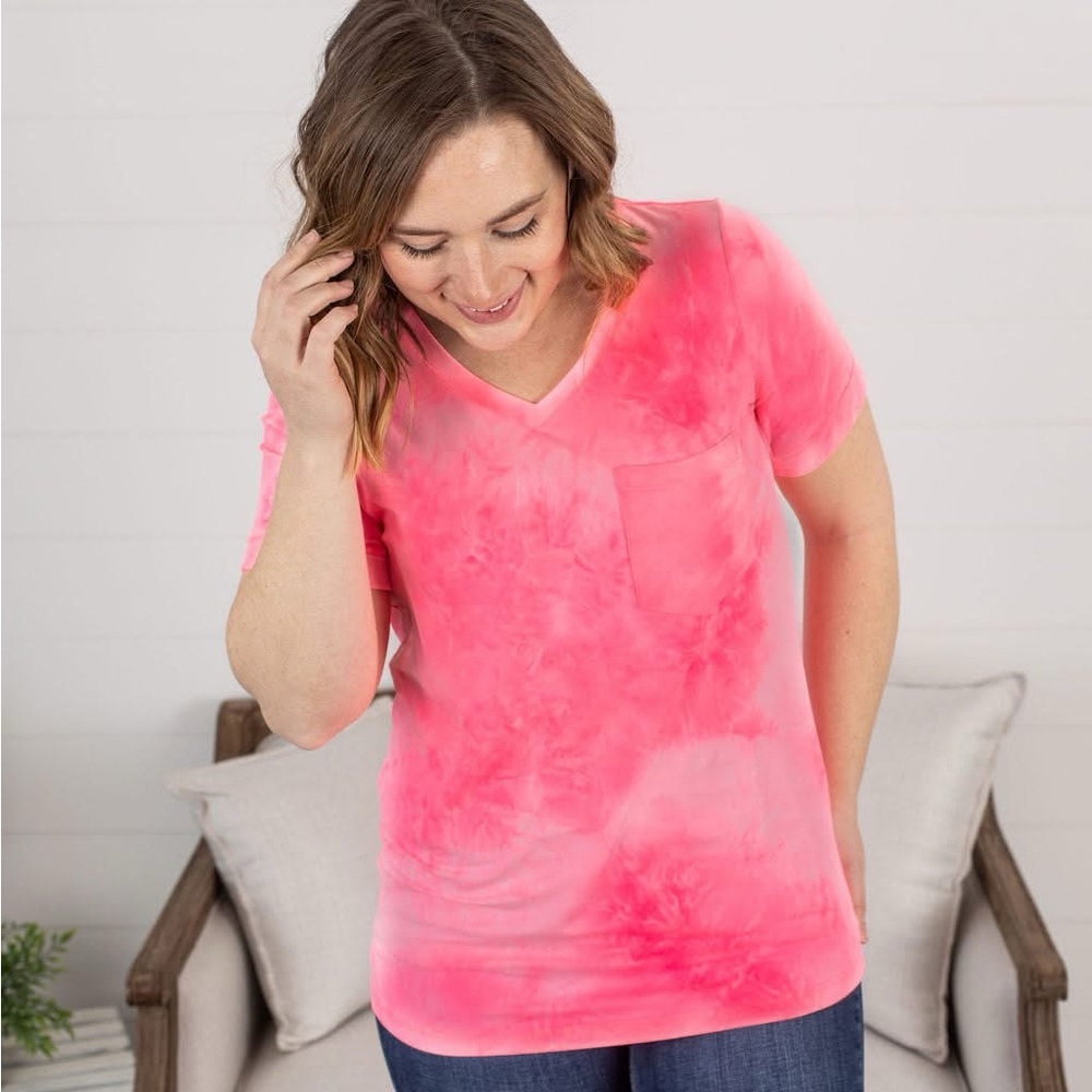 NWT Michelle Mae Tie Dye Neon Pink Short Sleeve Pocket Tee size XL